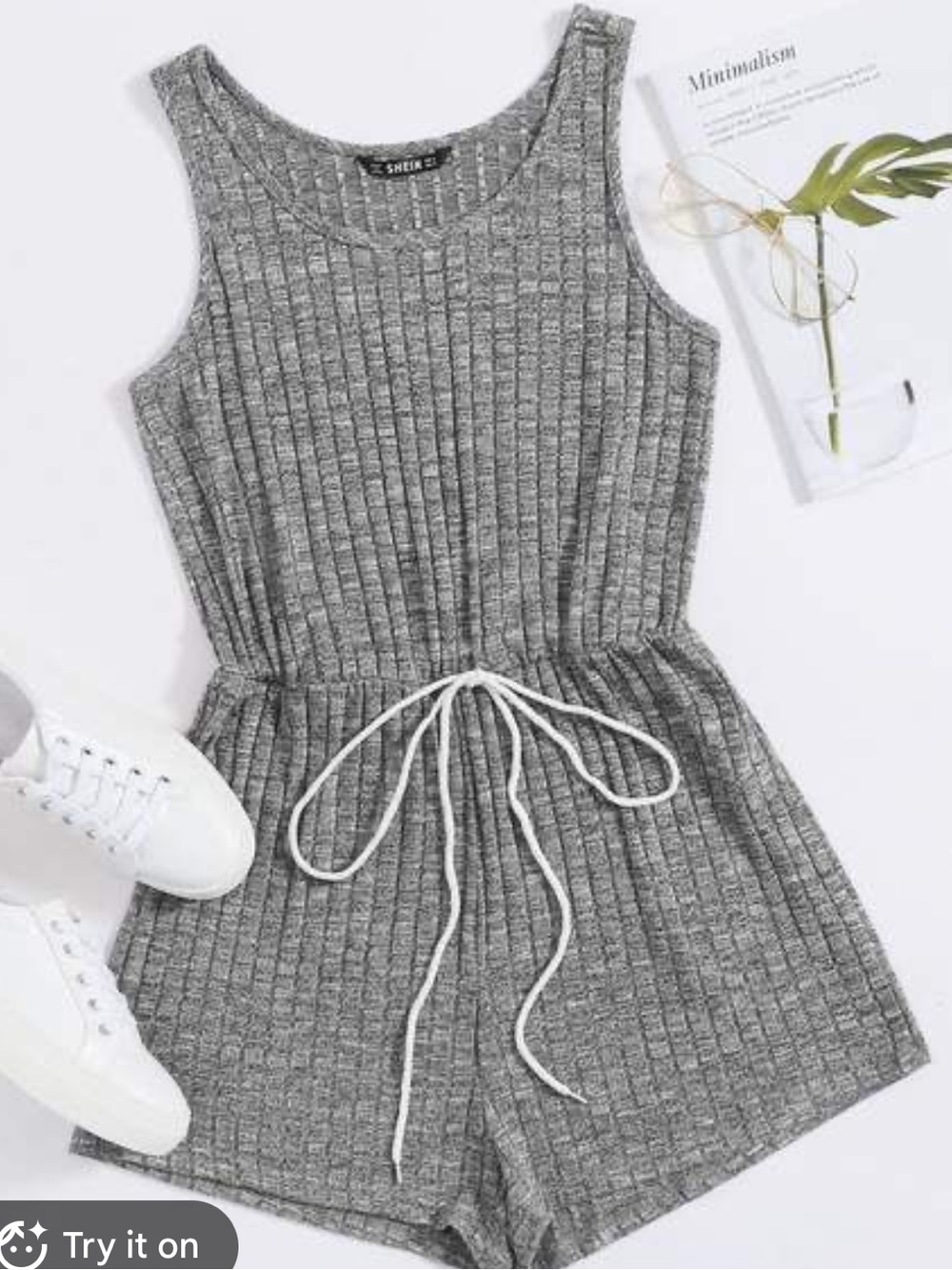 SHEIN Gray Ribbed Tank Romper with Drawstring 7